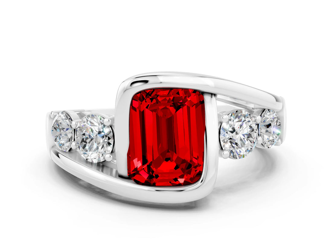 White gold Bezel Set Emerald Cut Diamond Split Shank Ring