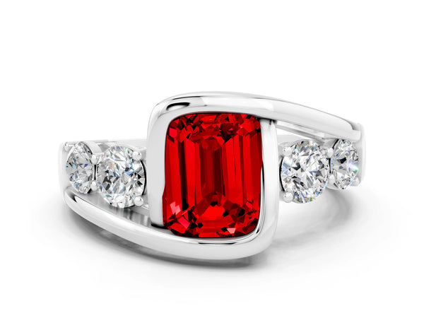 Platinum Bezel Set Emerald Cut Ruby Bypass Ring with Round  Accents