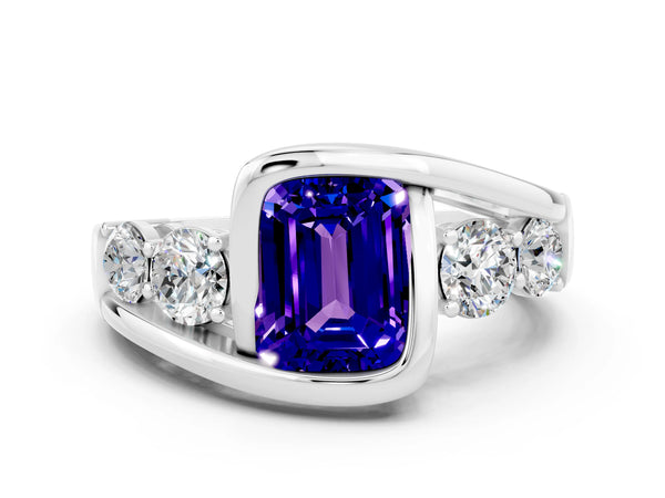 Platinum Bezel Set Emerald Cut Tanzanite Bypass Ring with Round  Accents
