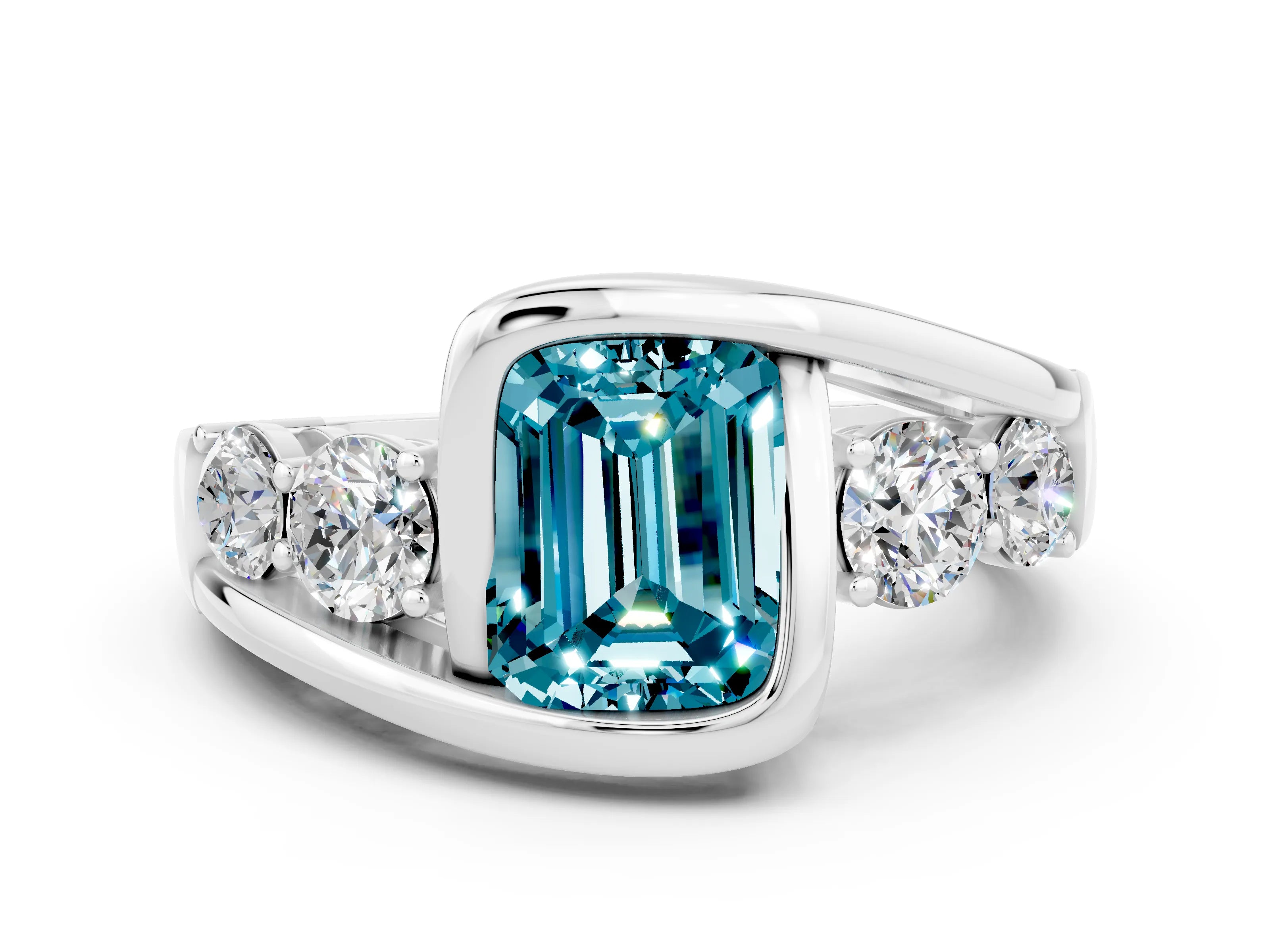 White gold Bezel Set Emerald Cut Diamond Split Shank Ring