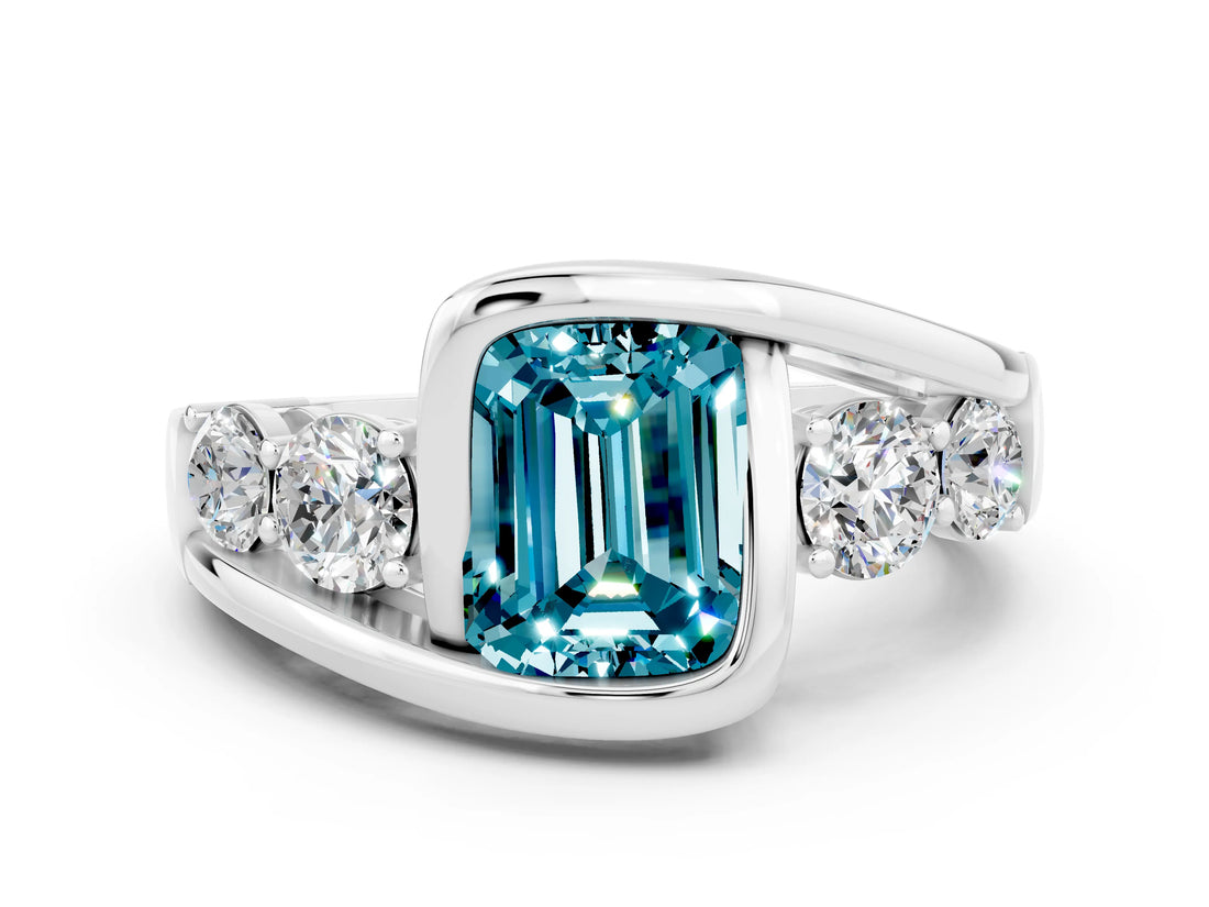 White gold Bezel Set Emerald Cut Diamond Split Shank Ring