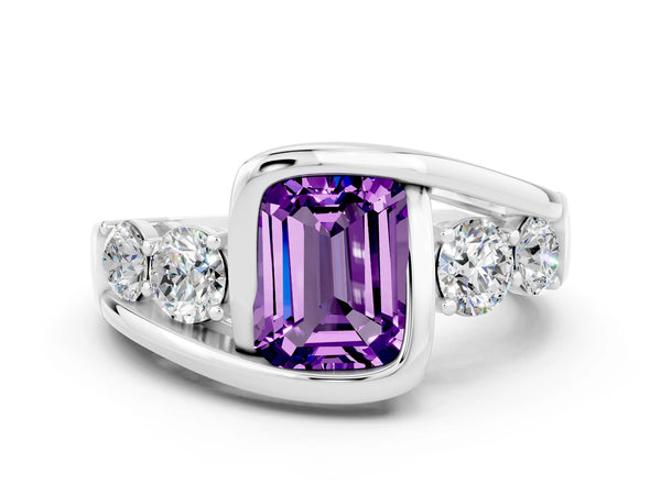 Silver Bezel Set Emerald Cut Amethyst Bypass Ring with Round  Accents