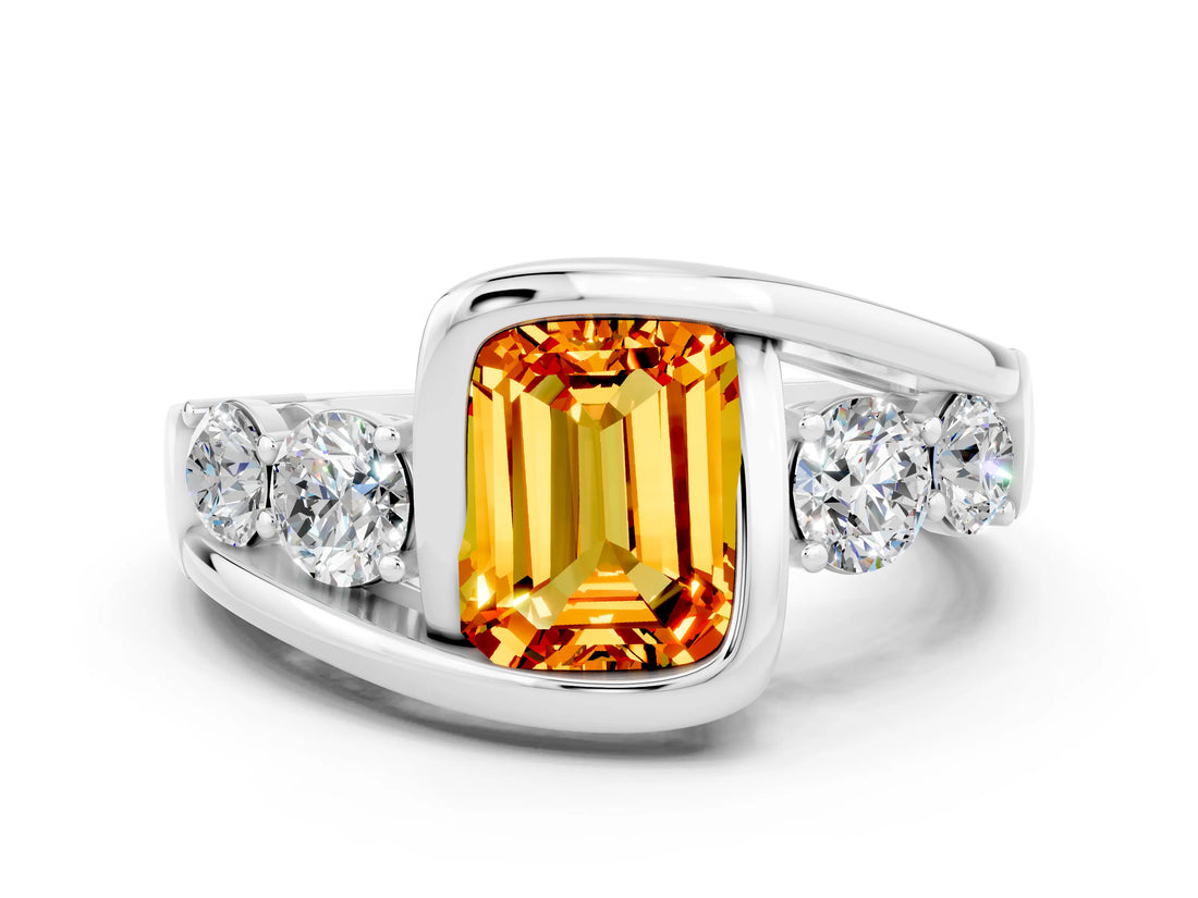 White gold Bezel Set Emerald Cut Diamond Split Shank Ring