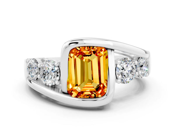 Platinum Bezel Set Emerald Cut Citrine Bypass Ring with Round  Accents