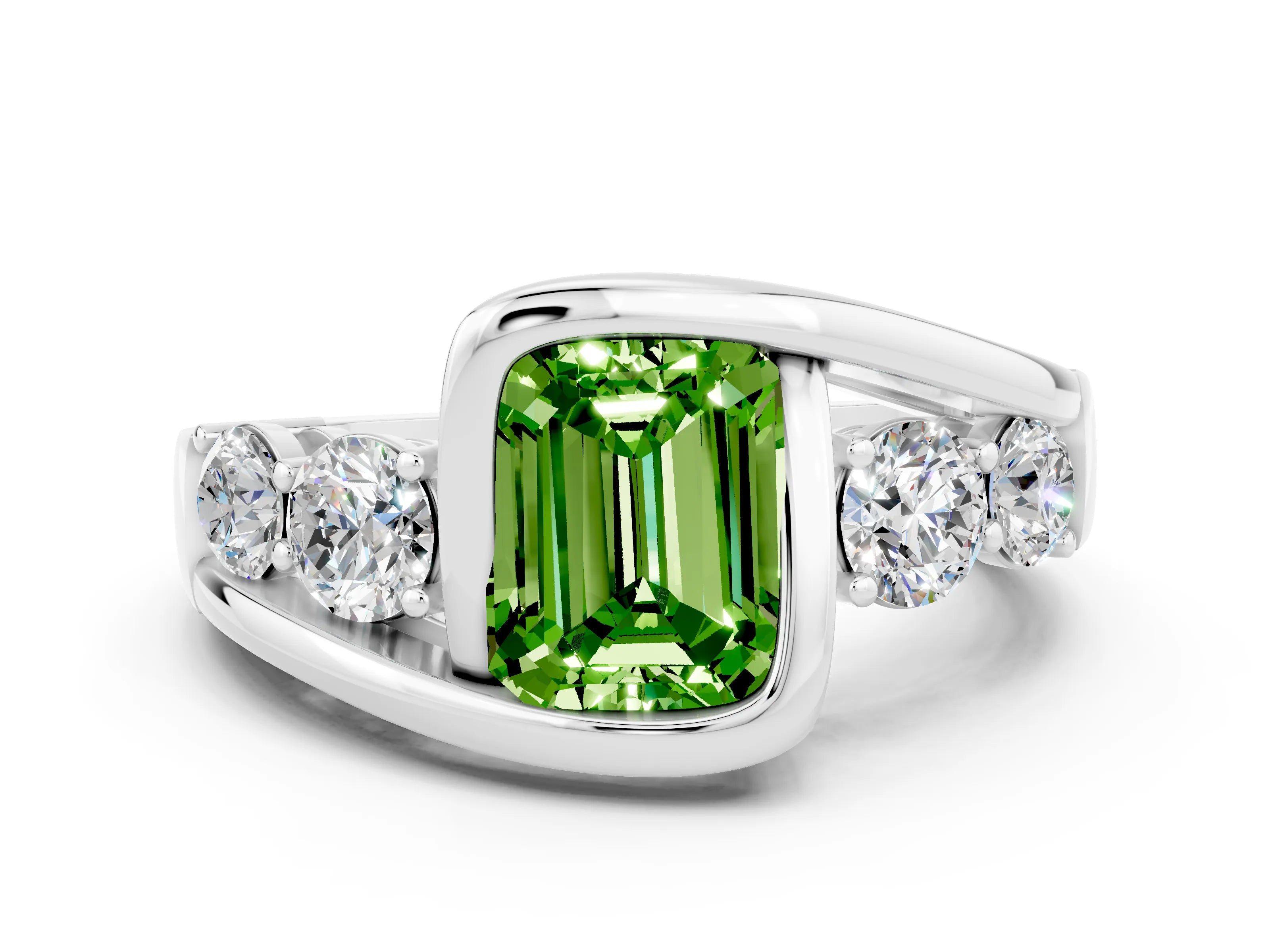 White gold Bezel Set Emerald Cut Diamond Split Shank Ring