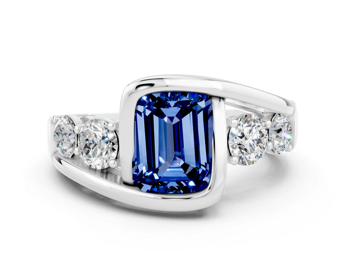 White gold Bezel Set Emerald Cut Diamond Split Shank Ring