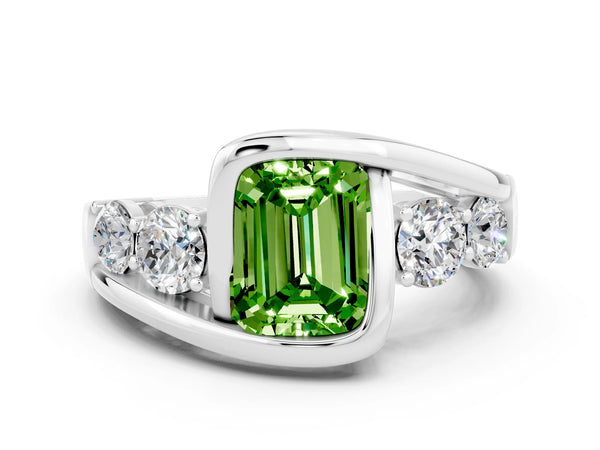 Platinum Bezel Set Emerald Cut Peridot Bypass Ring with Round  Accents