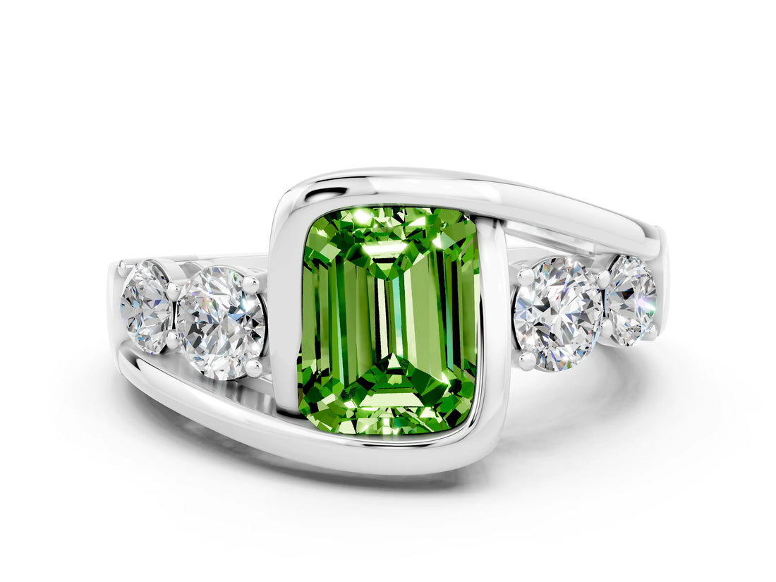 White gold Bezel Set Emerald Cut Diamond Split Shank Ring