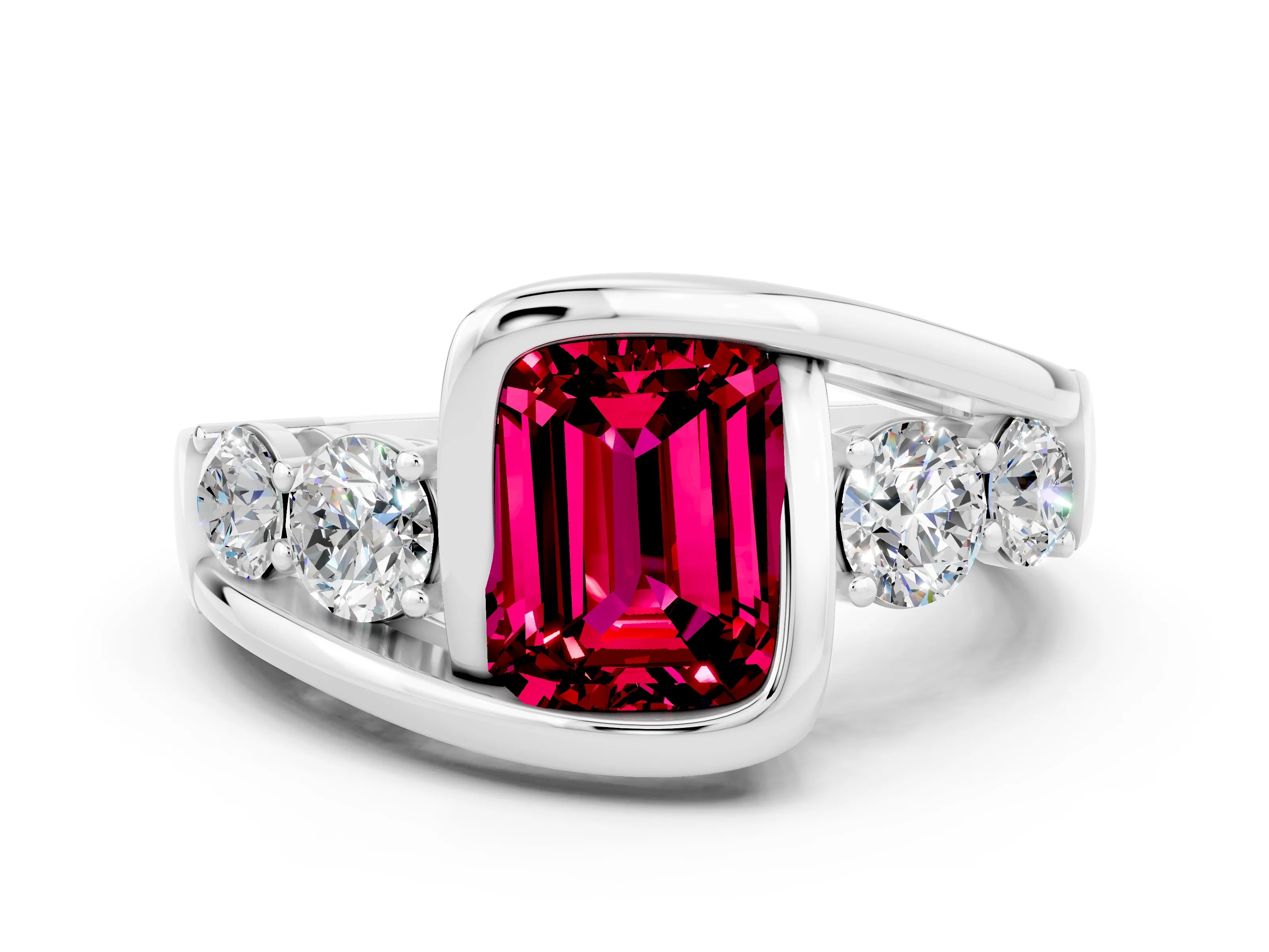 White gold Bezel Set Emerald Cut Diamond Split Shank Ring