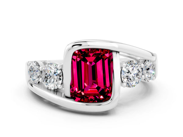 Platinum Bezel Set Emerald Cut Garnet Bypass Ring with Round  Accents