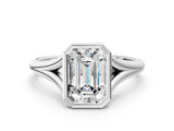 White gold Bezel Set Emerald Cut Solitaire Ring with Tapered Band 1