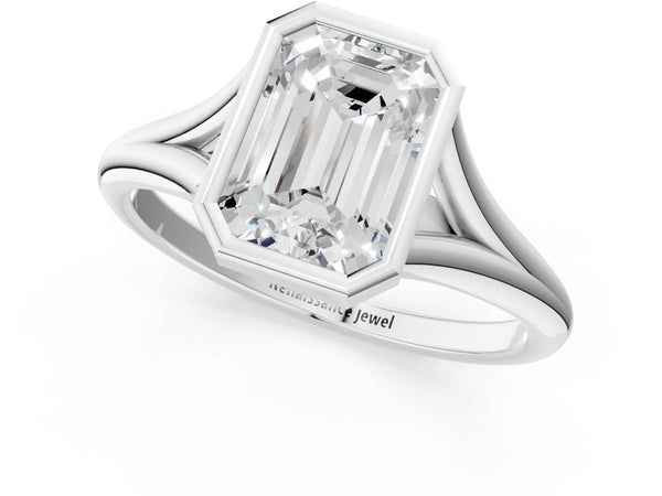 White Gold Emerald Cut Bezel Solitaire Engagement Ring Setting with V Split Shank