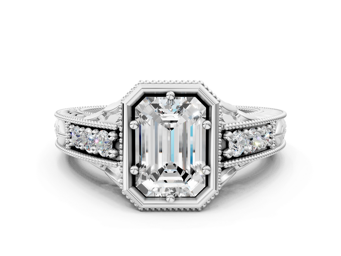 White gold Bezel Set Emerald Diamond Milgrain Pave Engagement Ring_42