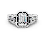 White gold Bezel Set Emerald Diamond Milgrain Pave Engagement Ring_42