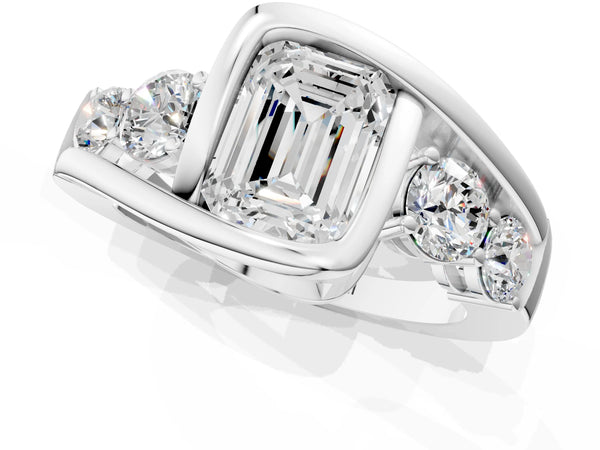 White Gold Emerald Cut Bezel Bypass Engagement Ring Setting with Round Side Accents