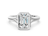 White gold Bezel Set Emerald Solitaire Diamond Ring with Smooth Band