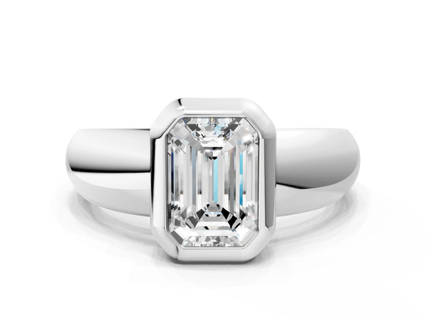 White gold Bezel Set Emerald Solitaire Ring with Wide Band