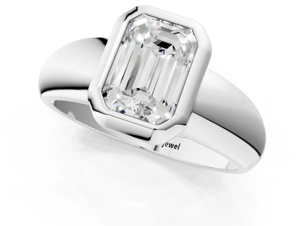 White gold Bezel Set Emerald Solitaire Ring with Wide Band