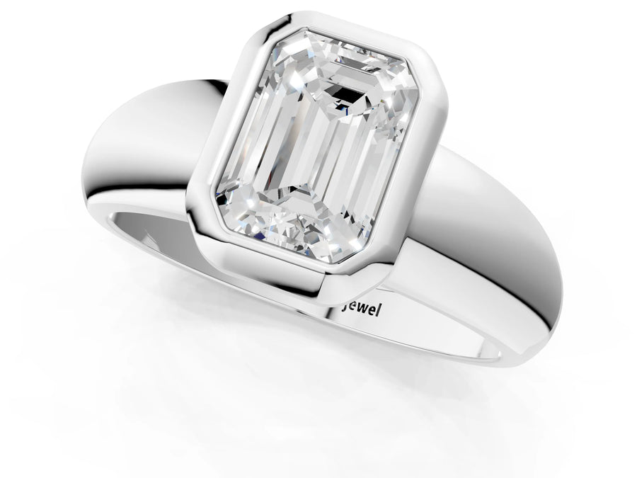 White gold Bezel Set Emerald Solitaire Ring with Wide Band