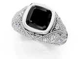 White gold Bezel Set Fancy Black Asscher Cut Diamond Milgrain Band Ring_1