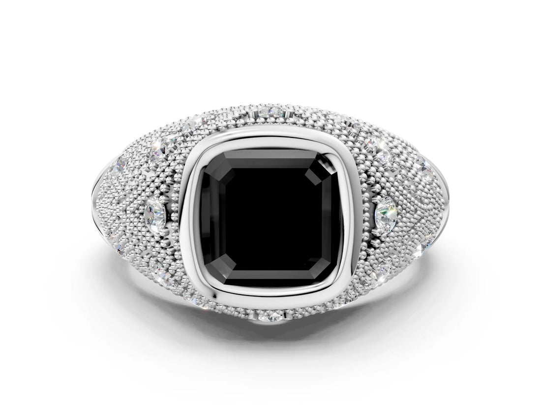 White gold Bezel Set Fancy Black Asscher Cut Diamond Milgrain Band Ring