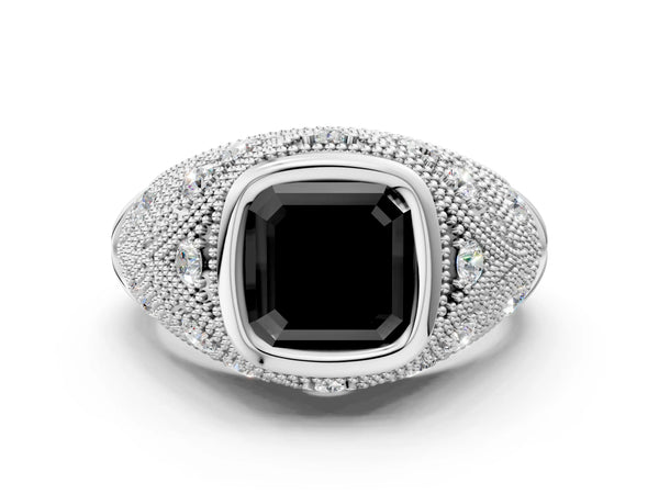 White Gold Asscher Cut Vintage Bezel Engagement Ring Setting for Black Center with Milgrain