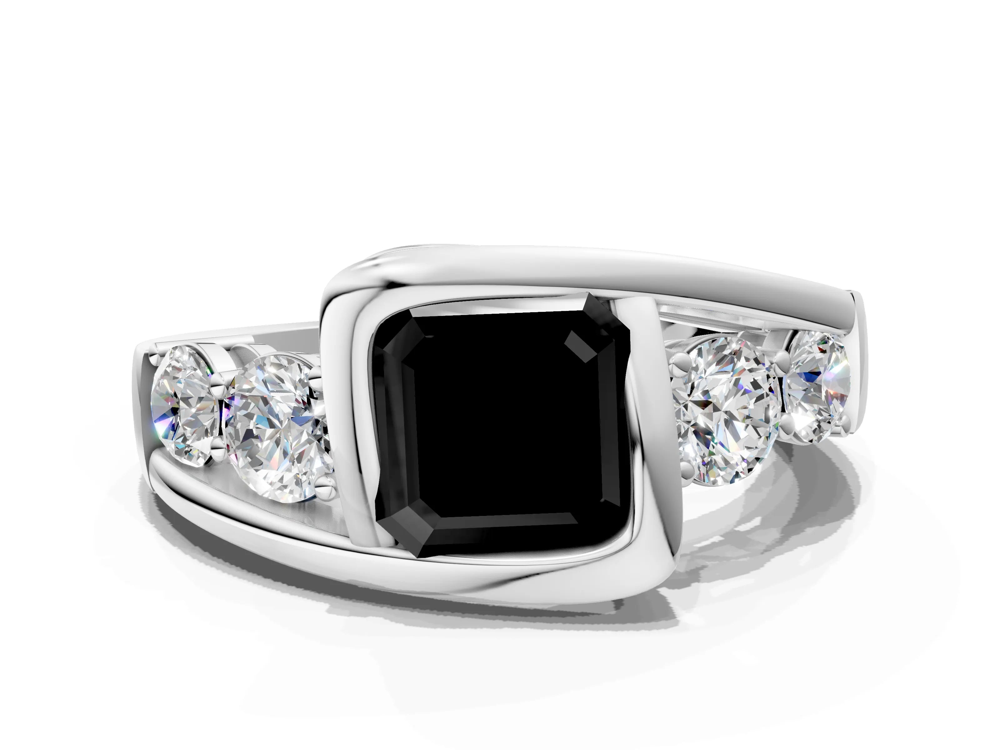 White gold Bezel Set Fancy Black Asscher Cut Diamond Split Shank Ring