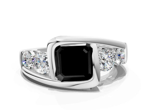 White gold Bezel Set Fancy Black Asscher Cut Diamond Split Shank Ring