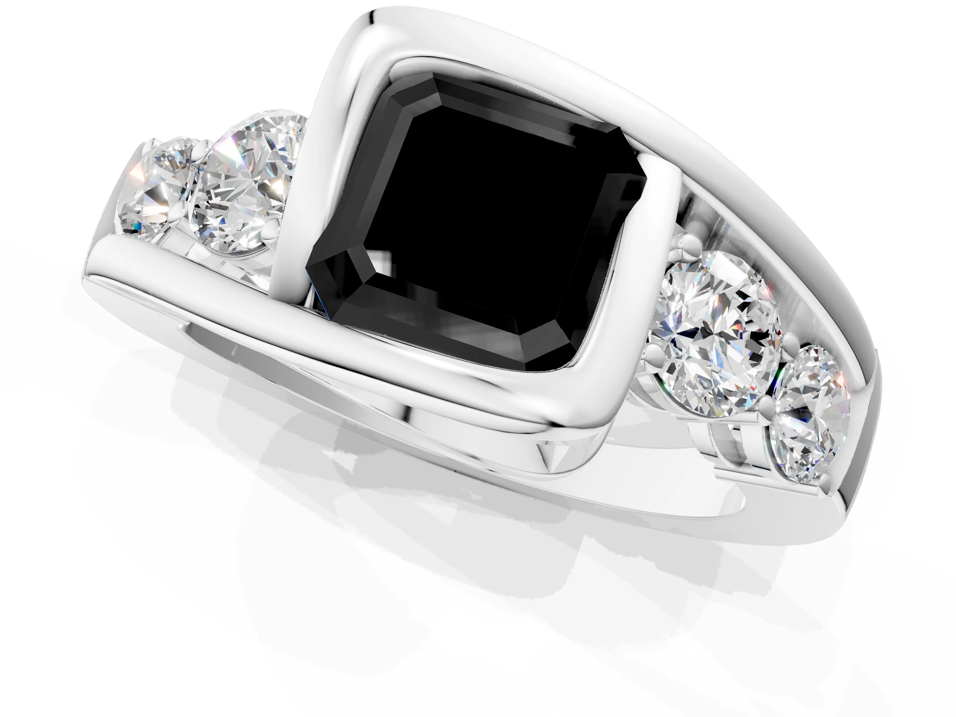 White gold Bezel Set Fancy Black Asscher Cut Diamond Split Shank Ring_1