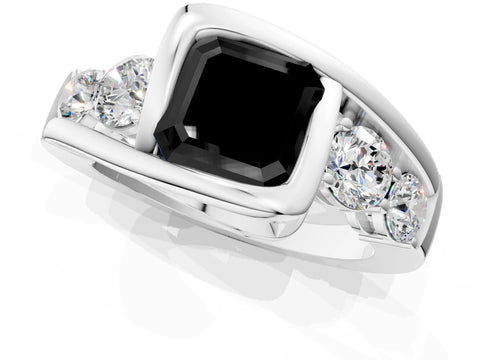 White gold Bezel Set Fancy Black Asscher Cut Diamond Split Shank Ring_1