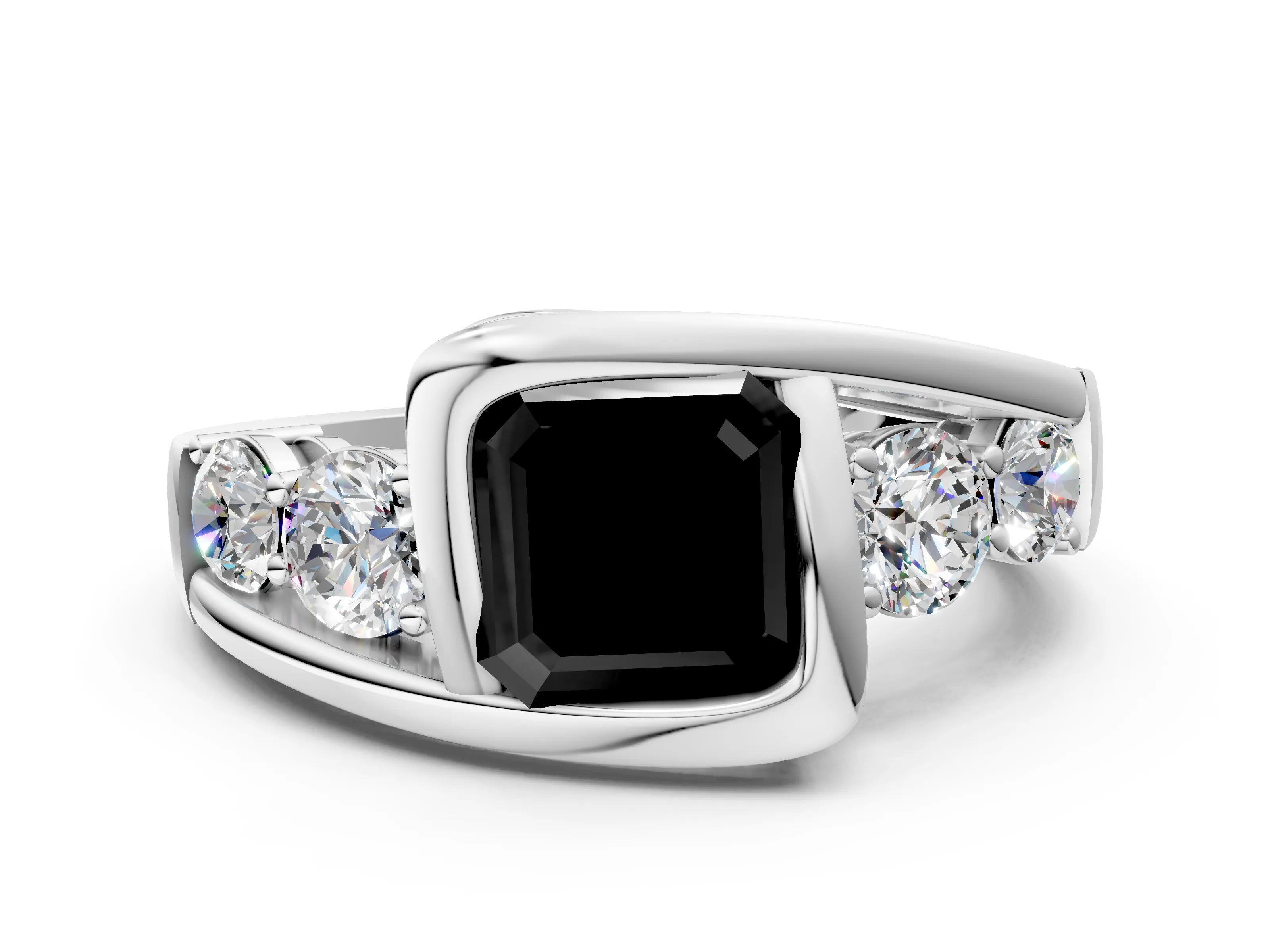 White gold Bezel Set Fancy Black Asscher Cut Diamond Split Shank Ring_24