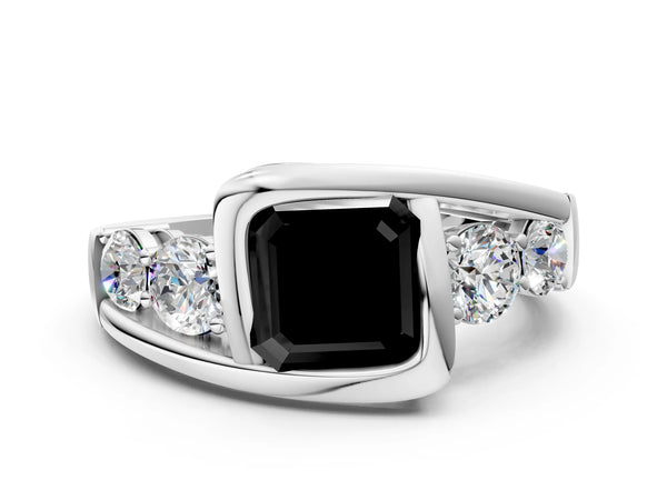 Platinum Asscher Cut Bezel Bypass Engagement Ring Setting for Black Center with Round Side Accents
