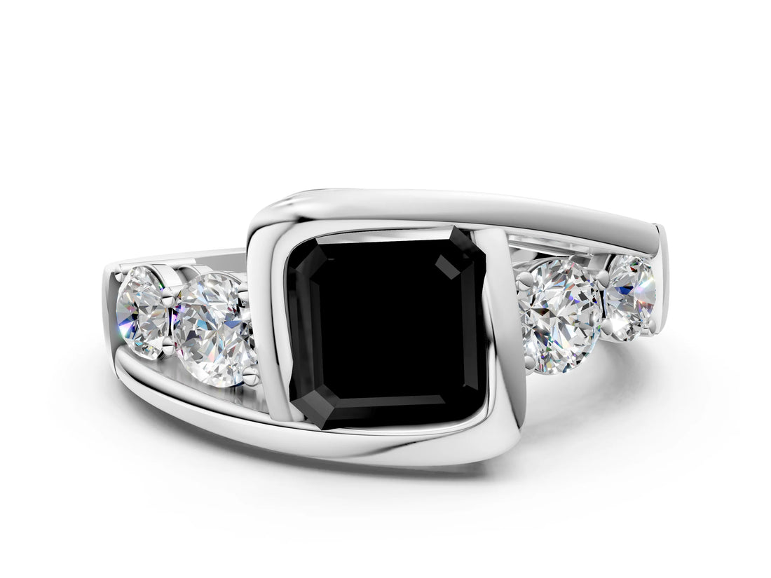 White gold Bezel Set Fancy Black Asscher Cut Diamond Split Shank Ring_24