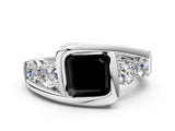 White gold Bezel Set Fancy Black Asscher Cut Diamond Split Shank Ring_24