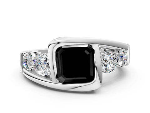 White gold Bezel Set Fancy Black Asscher Cut Diamond Split Shank Ring_24