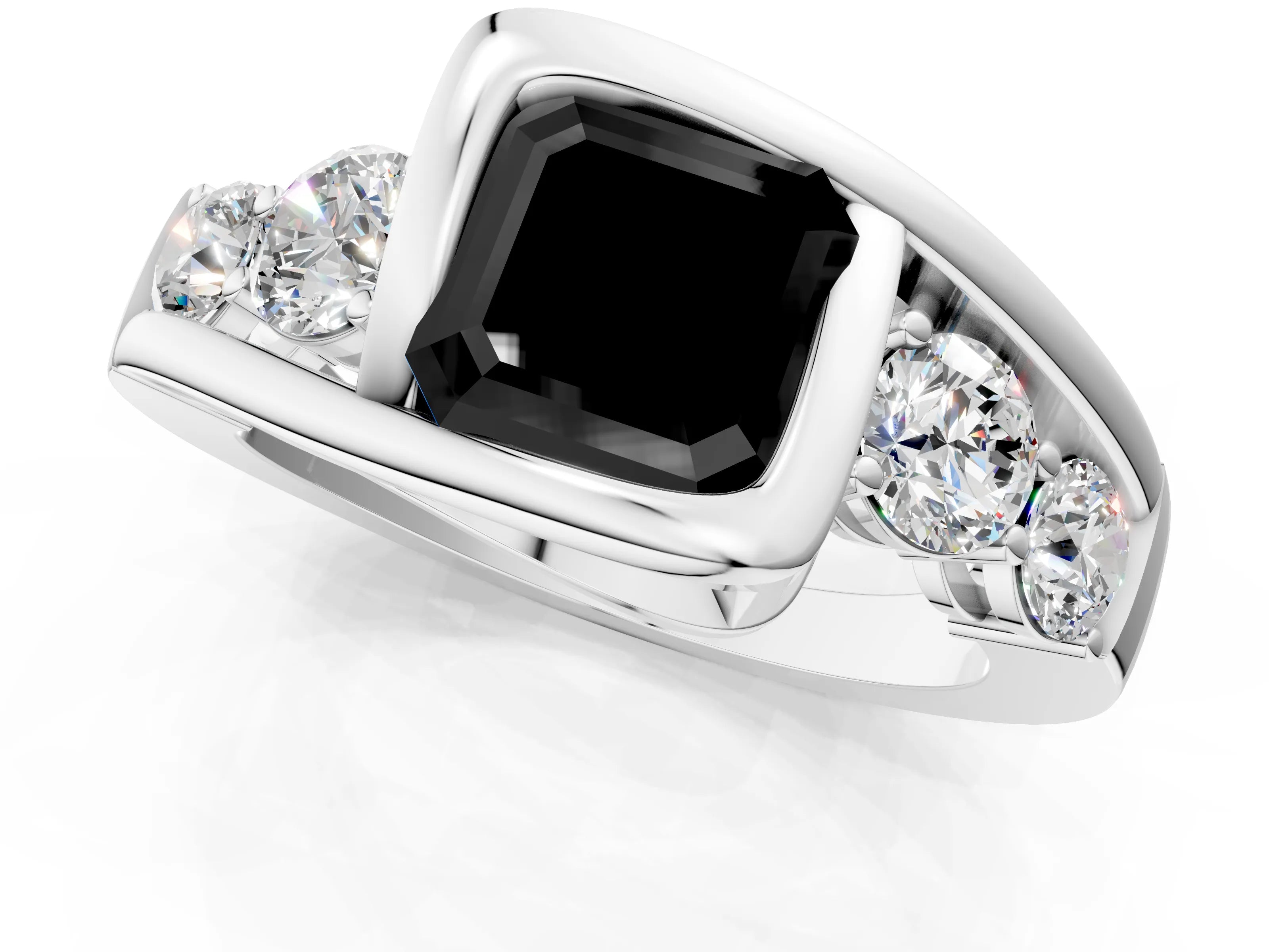 White gold Bezel Set Fancy Black Asscher Cut Diamond Split Shank Ring_25