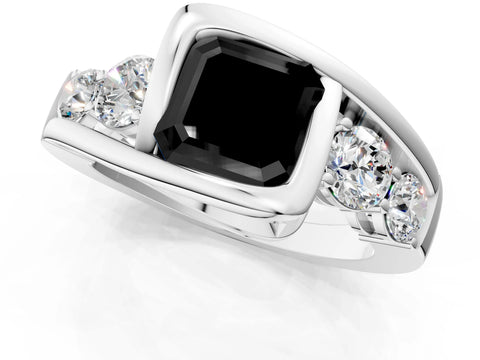 White gold Bezel Set Fancy Black Asscher Cut Diamond Split Shank Ring_25