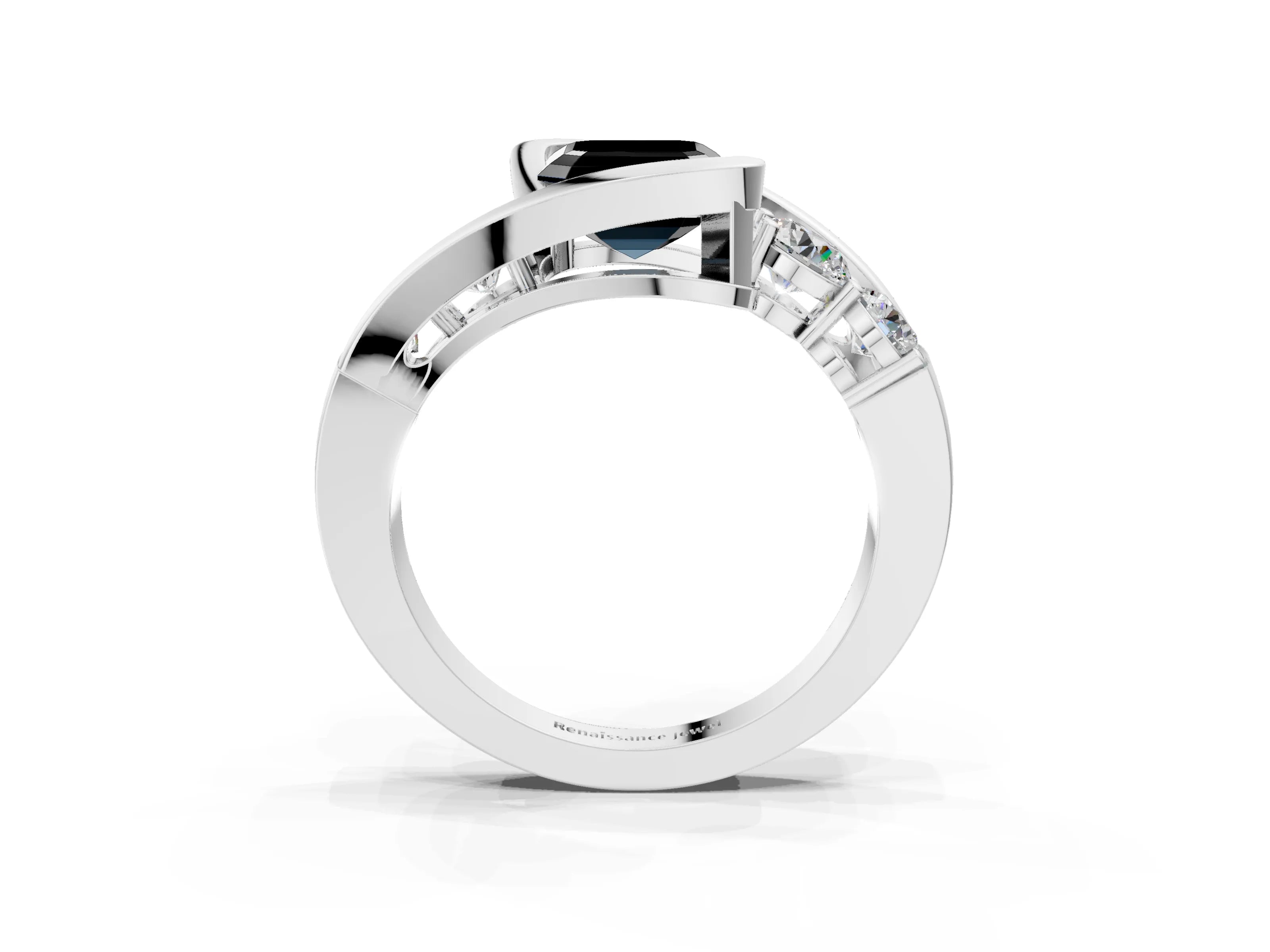 White gold Bezel Set Fancy Black Asscher Cut Diamond Split Shank Ring_3