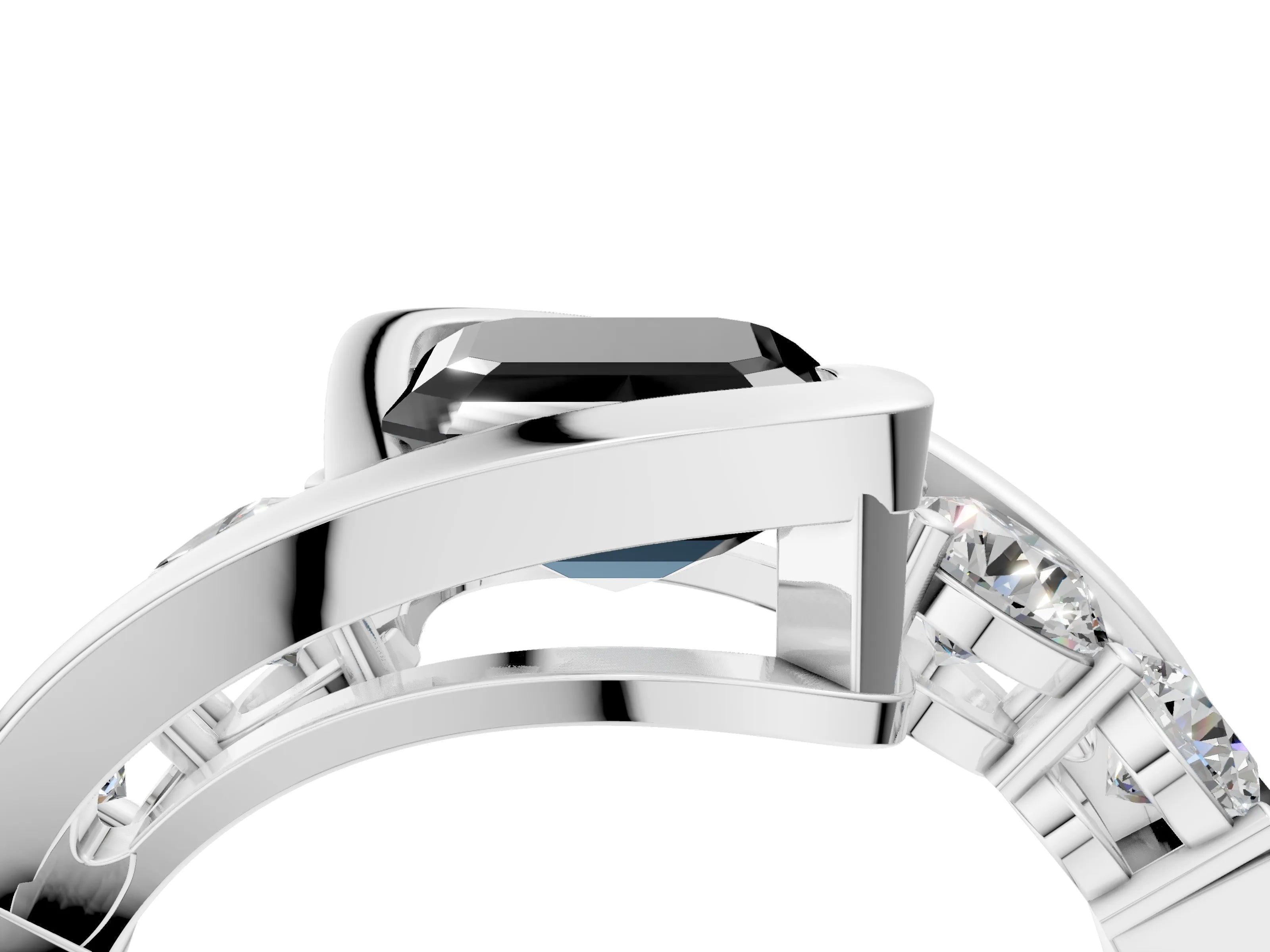 White gold Bezel Set Fancy Black Asscher Cut Diamond Split Shank Ring_4