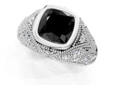 White gold Bezel Set Fancy Black Cushion Cut Diamond Milgrain Band Ring_1