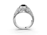 White gold Bezel Set Fancy Black Cushion Cut Diamond Milgrain Band Ring_3