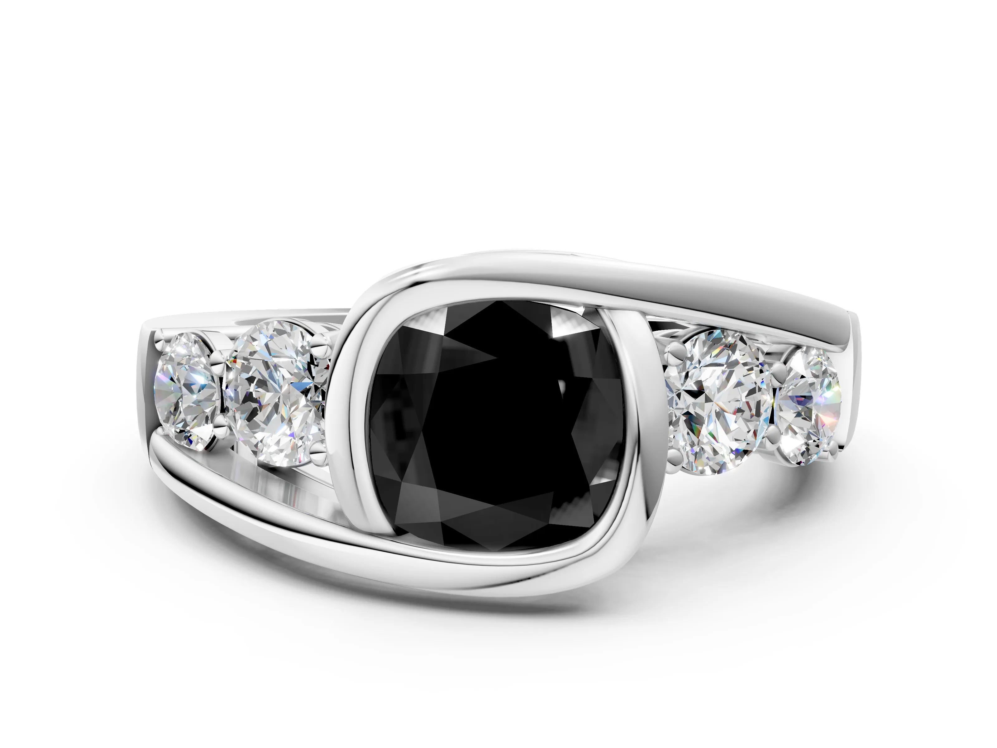 White gold Bezel Set Fancy Black Cushion Cut Diamond Split Shank Ring