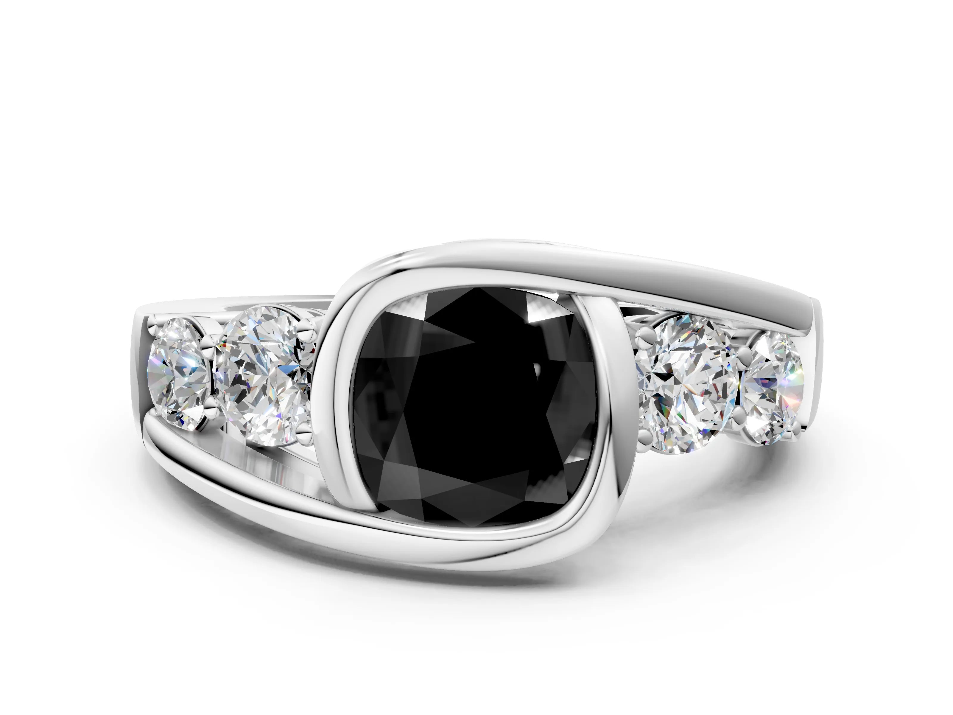 White gold Bezel Set Fancy Black Cushion Cut Diamond Split Shank Ring_12