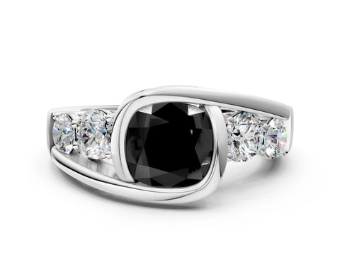 White gold Bezel Set Fancy Black Cushion Cut Diamond Split Shank Ring_12