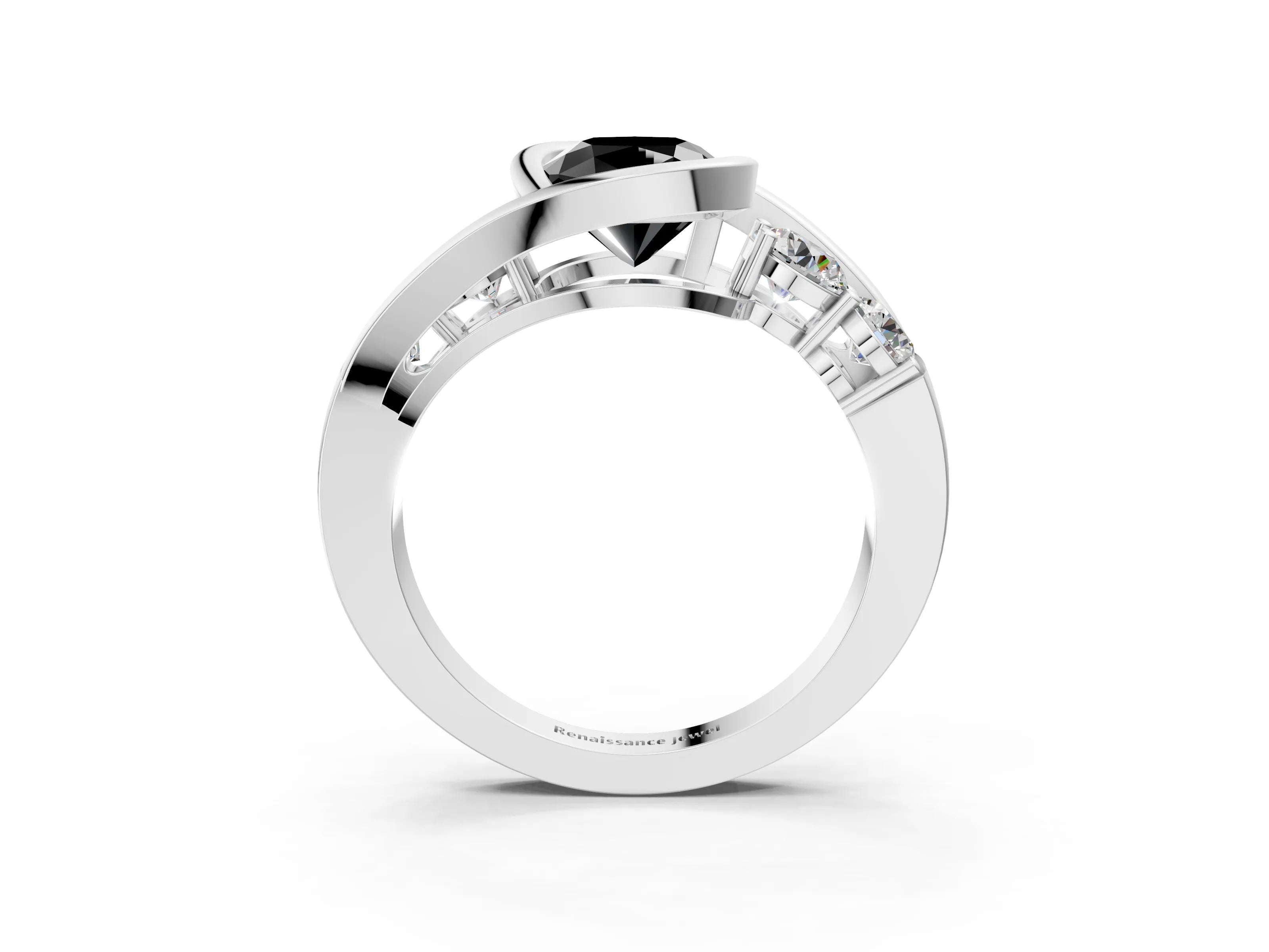 White gold Bezel Set Fancy Black Cushion Cut Diamond Split Shank Ring_15