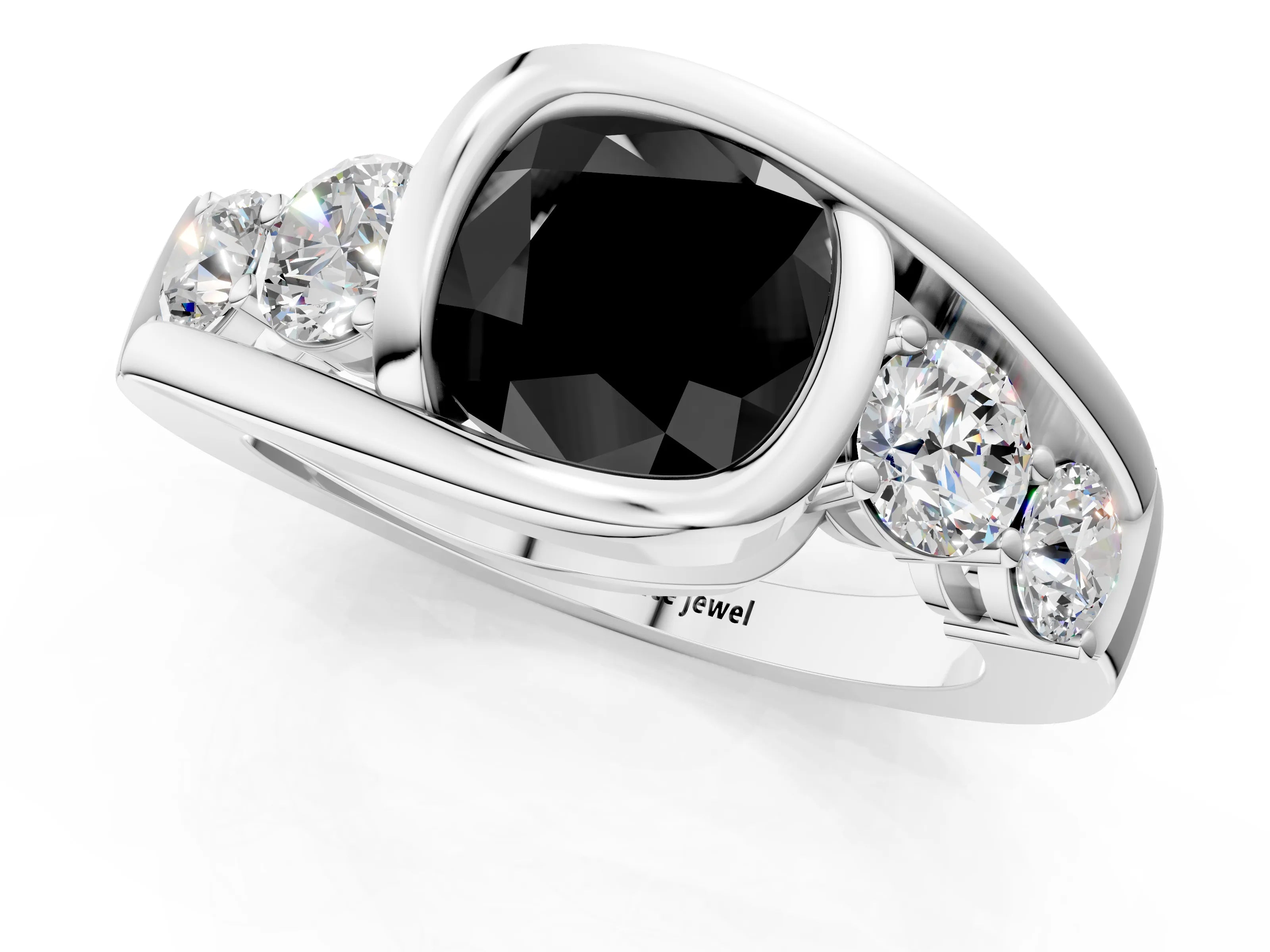 White gold Bezel Set Fancy Black Cushion Cut Diamond Split Shank Ring_1