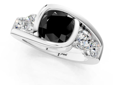 White gold Bezel Set Fancy Black Cushion Cut Diamond Split Shank Ring_1