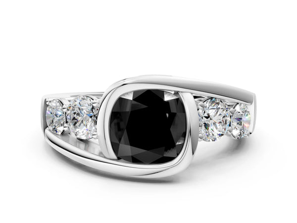 Platinum Cushion Cut Bezel Bypass Engagement Ring Setting for Black Center with Round Side Accents