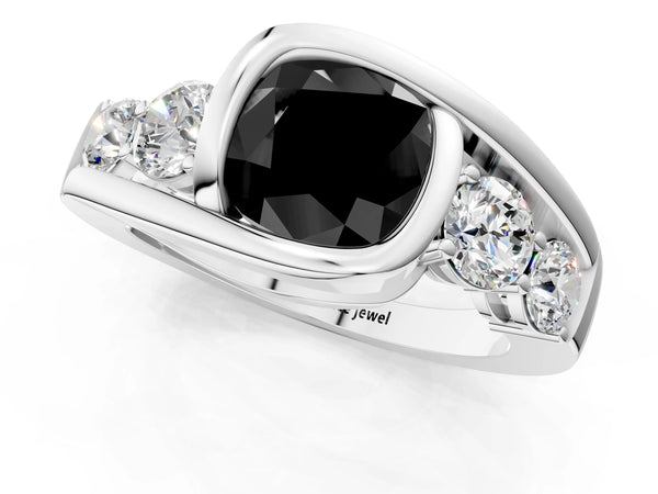 Platinum Cushion Cut Bezel Bypass Engagement Ring Setting for Black Center with Round Side Accents
