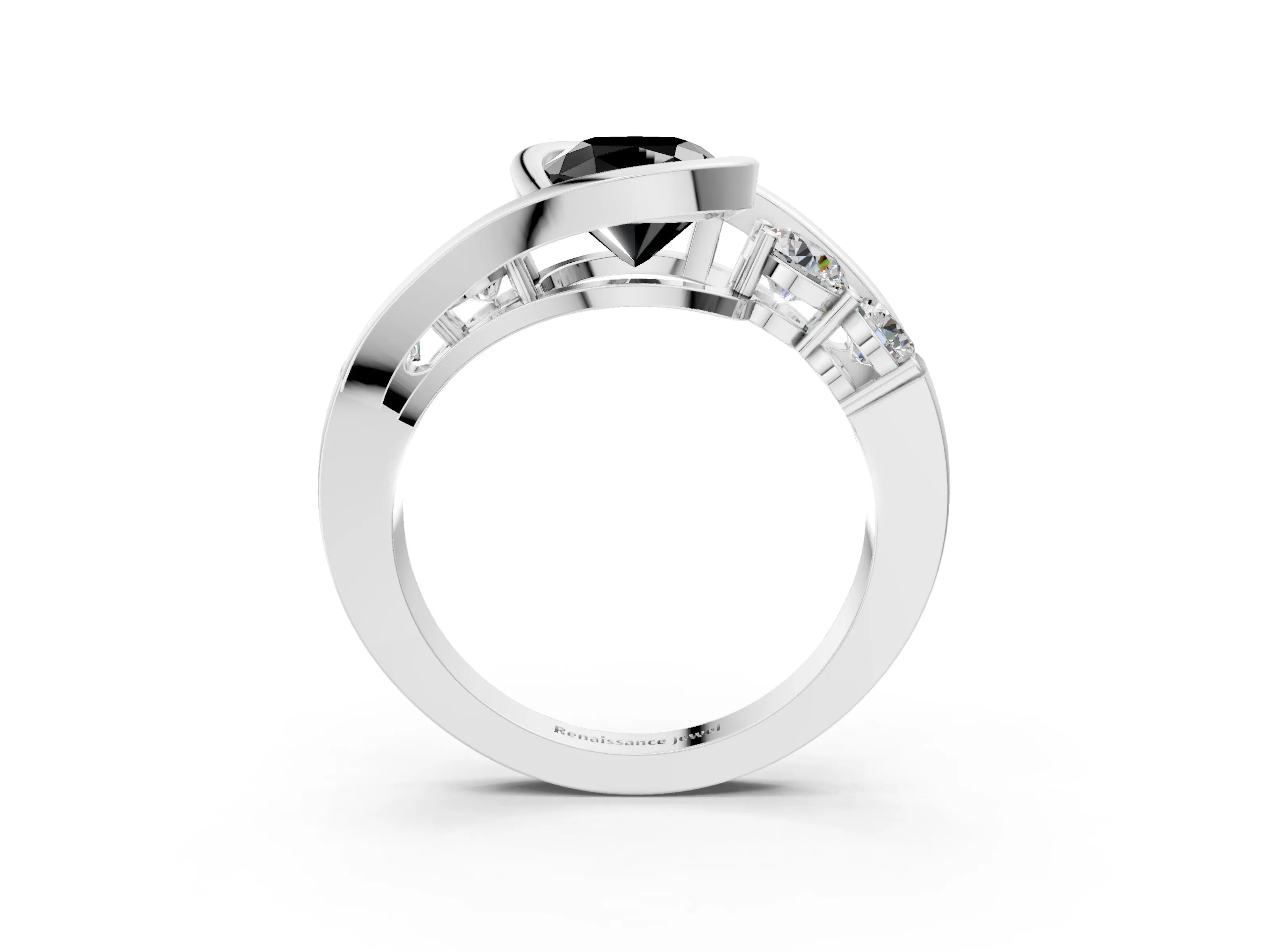 White gold Bezel Set Fancy Black Cushion Cut Diamond Split Shank Ring_3
